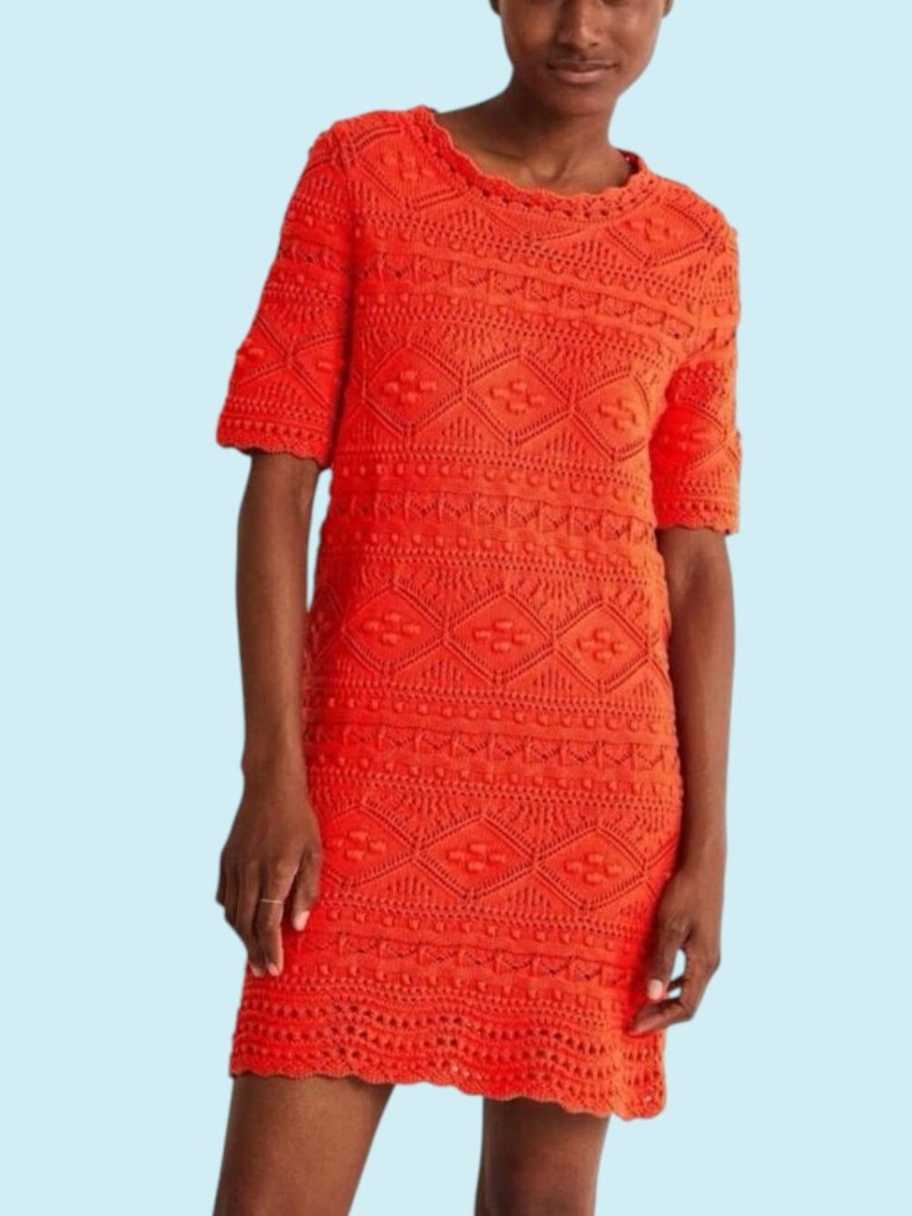 Boden Claudia Crochet Knit Dress Size 14 Firecracker Red Short Sleeves Textured